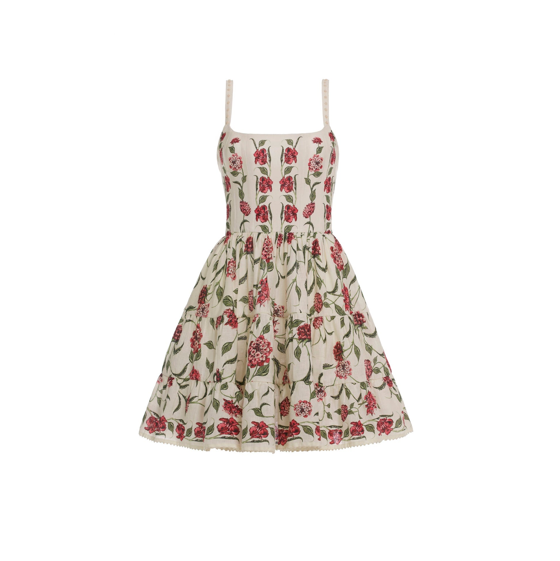 The Granadilla Dress by Agua By Aguabendita is a sleeveless, knee-length mini dress featuring a fitted bodice, square neckline, flared gathered skirt, and cream fabric with a red floral and green leaf print.