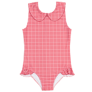 The Minnow Girls' Malibu Poppy Gingham Rounded Collar One Piece, featuring a red and white gingham pattern with a Peter Pan collar and ruffled leg openings, is displayed on a white background.
