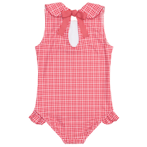 The Minnow Girls' Malibu Poppy Gingham Rounded Collar One Piece is a sleeveless red and white romper featuring ruffle leg openings, a rounded collar, and a pink bow at the back of the neck.