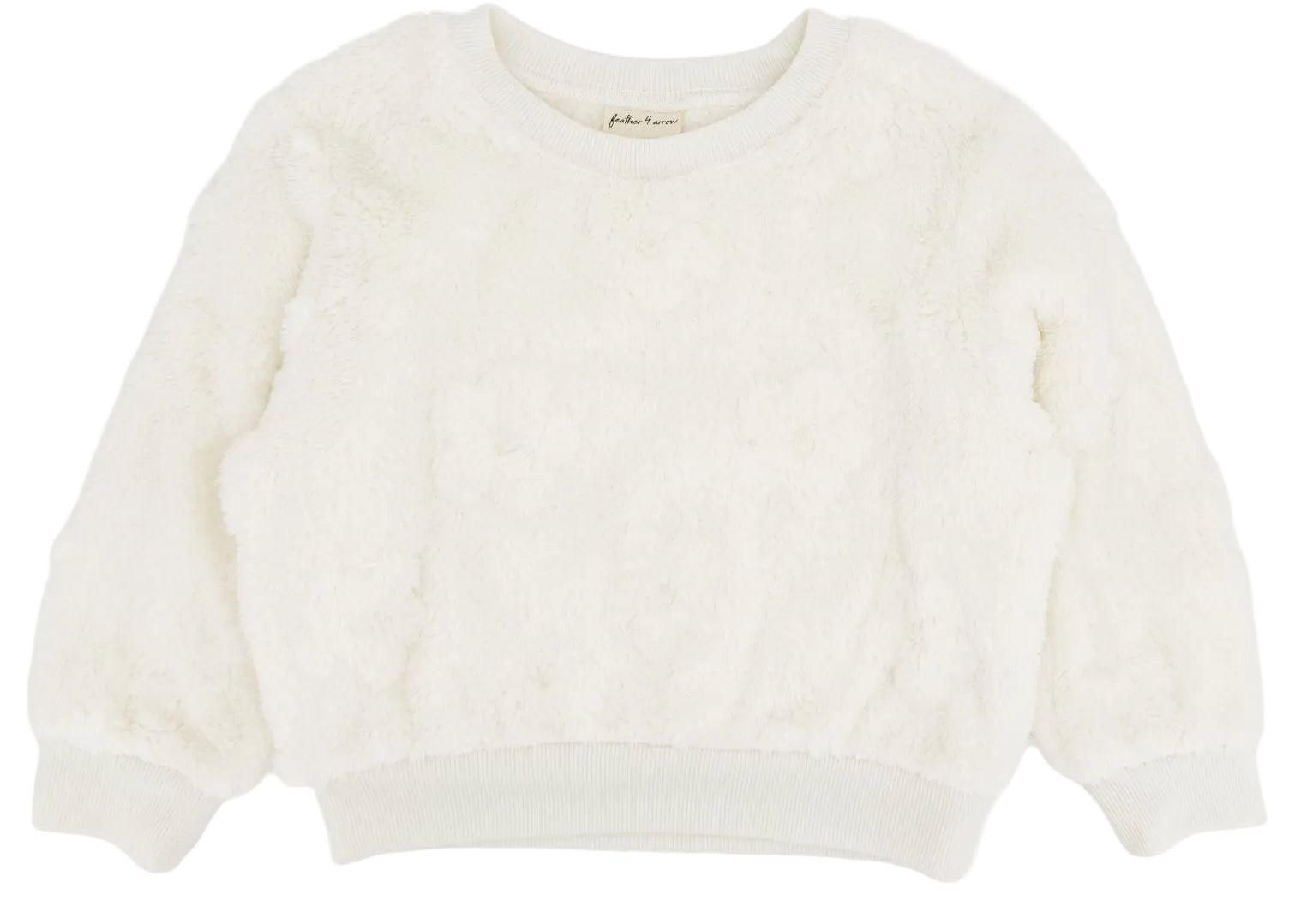 The Feather 4 Arrow Baby Girls’ and Girl’s Yummy Plush Set features an ultra-soft, white long-sleeve fuzzy sweater with a crew neck, ribbed cuffs, and waistband, shown laid flat on a plain background. Perfect for cozy days, this stylish kids’ lounge set offers ultimate comfort for little ones.
