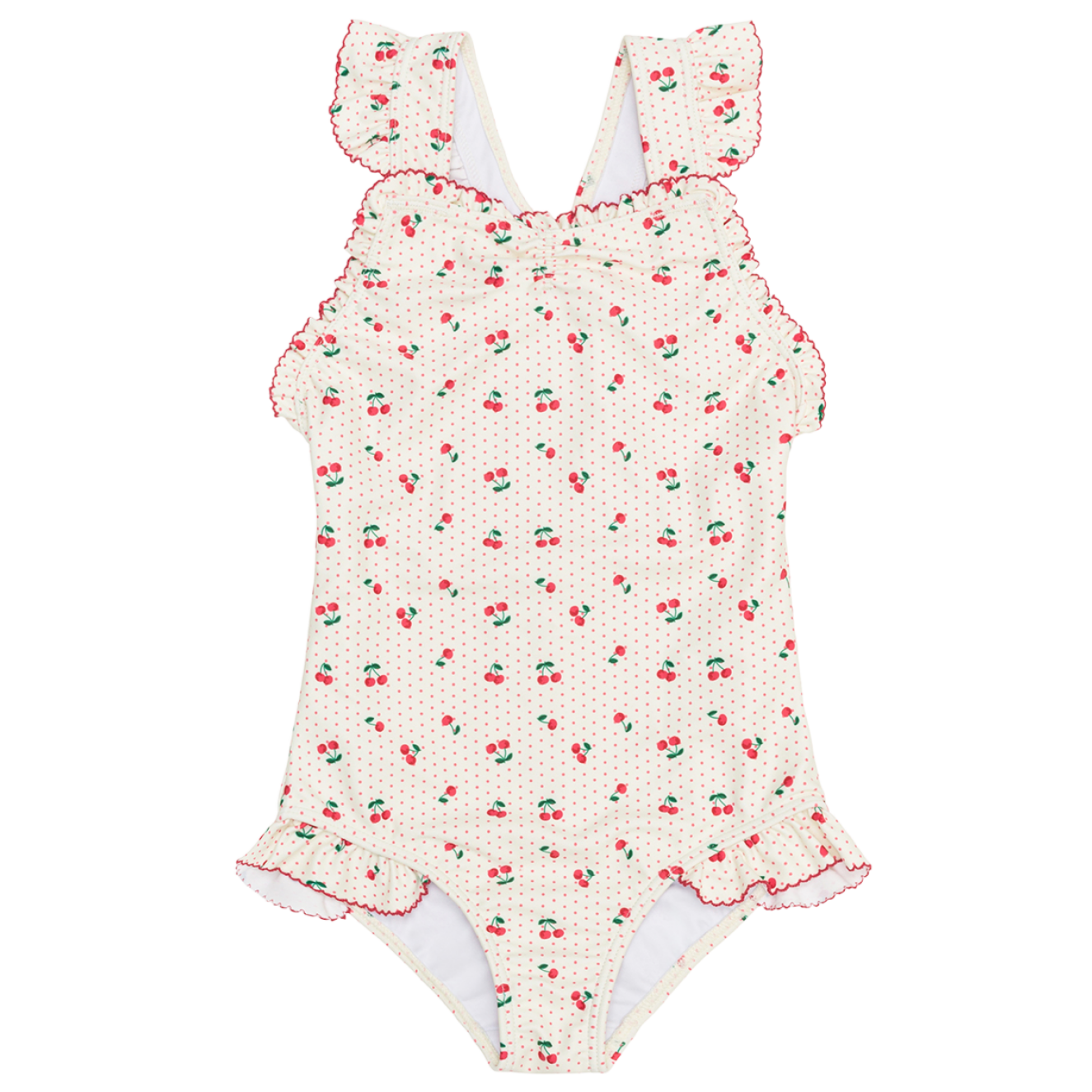 The Minnow Girls' Summer Cherries Ruffle Edge One Piece features a cream base with red and green cherry print, ruffled shoulder straps, and playful ruffle trim—perfect for girls' summertime swim adventures.