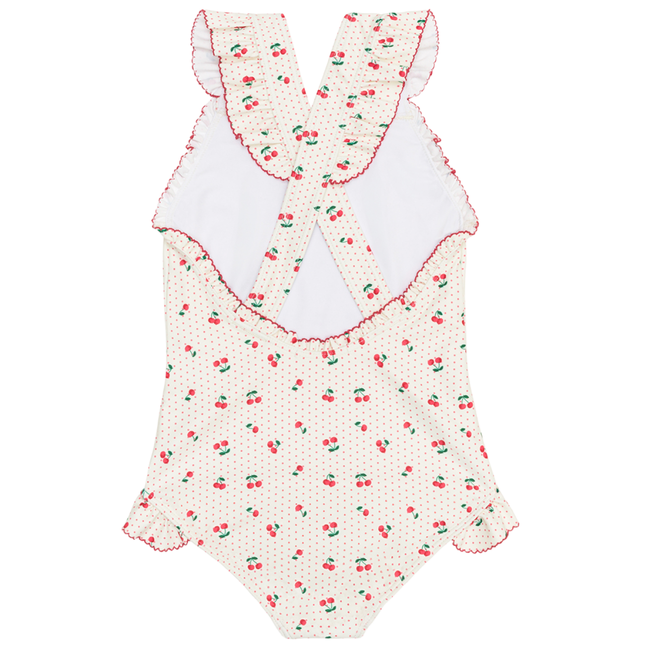 The Minnow Girls' Summer Cherries Ruffle Edge One Piece is a cute swimsuit with ruffled cross-back straps, pink trim, and cherry print, shown flat on a white background.