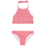 The Minnow Girls' Malibu Poppy Gingham Smocked Halter Bikini features red and white gingham, smocked halter top with ruffled hem, and matching bottoms.