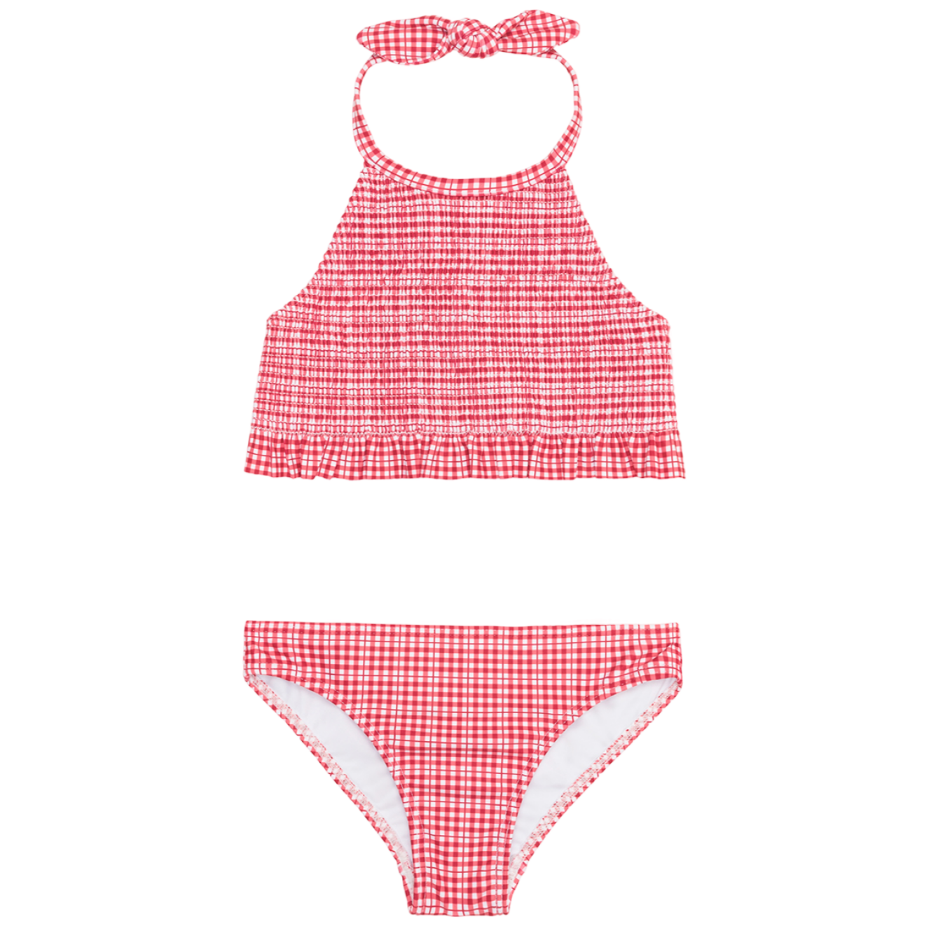 The Minnow Girls' Malibu Poppy Gingham Smocked Halter Bikini features red and white gingham, smocked halter top with ruffled hem, and matching bottoms.