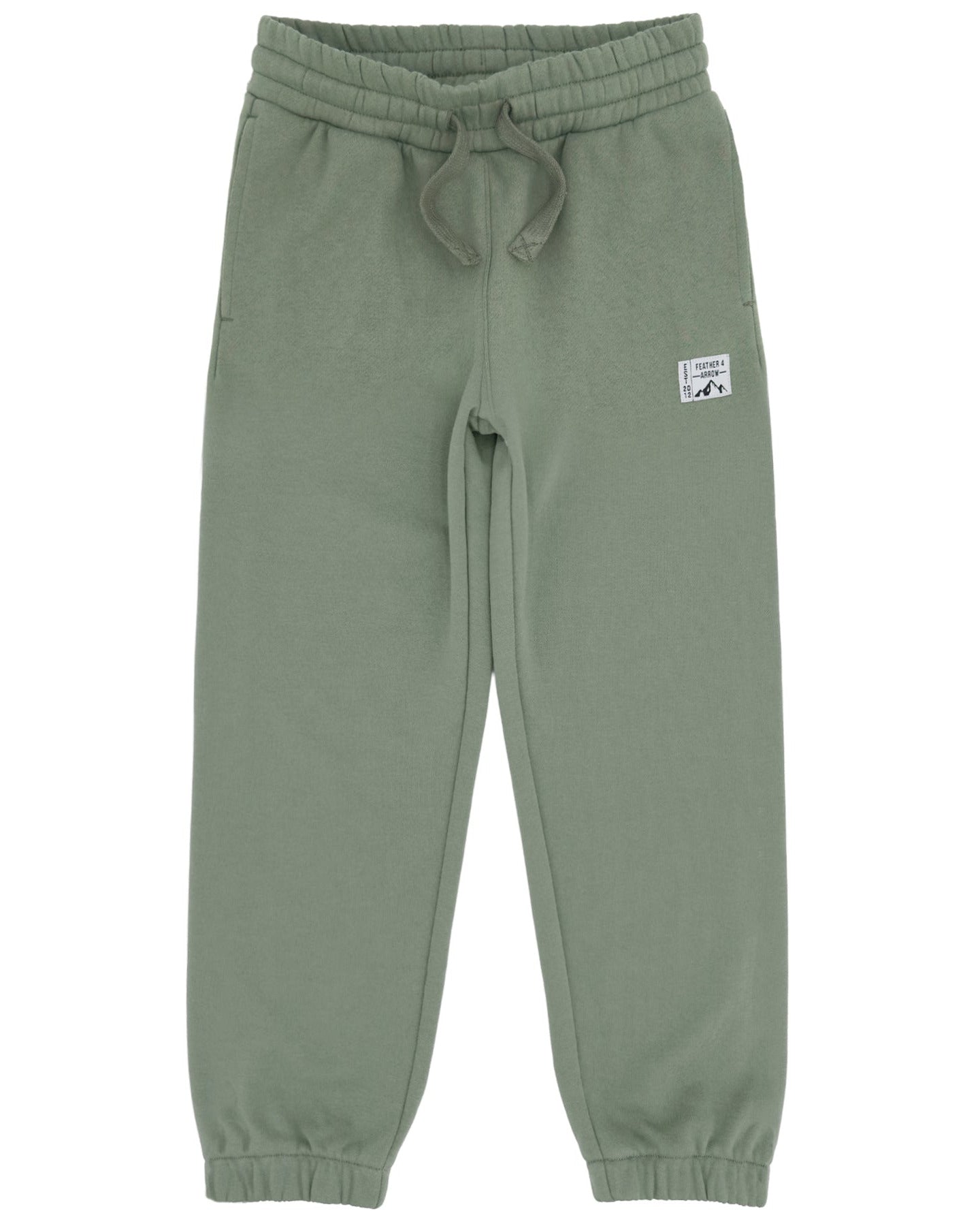 The Boys’ Wyatt Jogger by Feather 4 Arrow features an adjustable waistband with a drawstring, side pockets, elastic cuffs, and a small white patch label on the upper left leg—ideal for everyday wear.