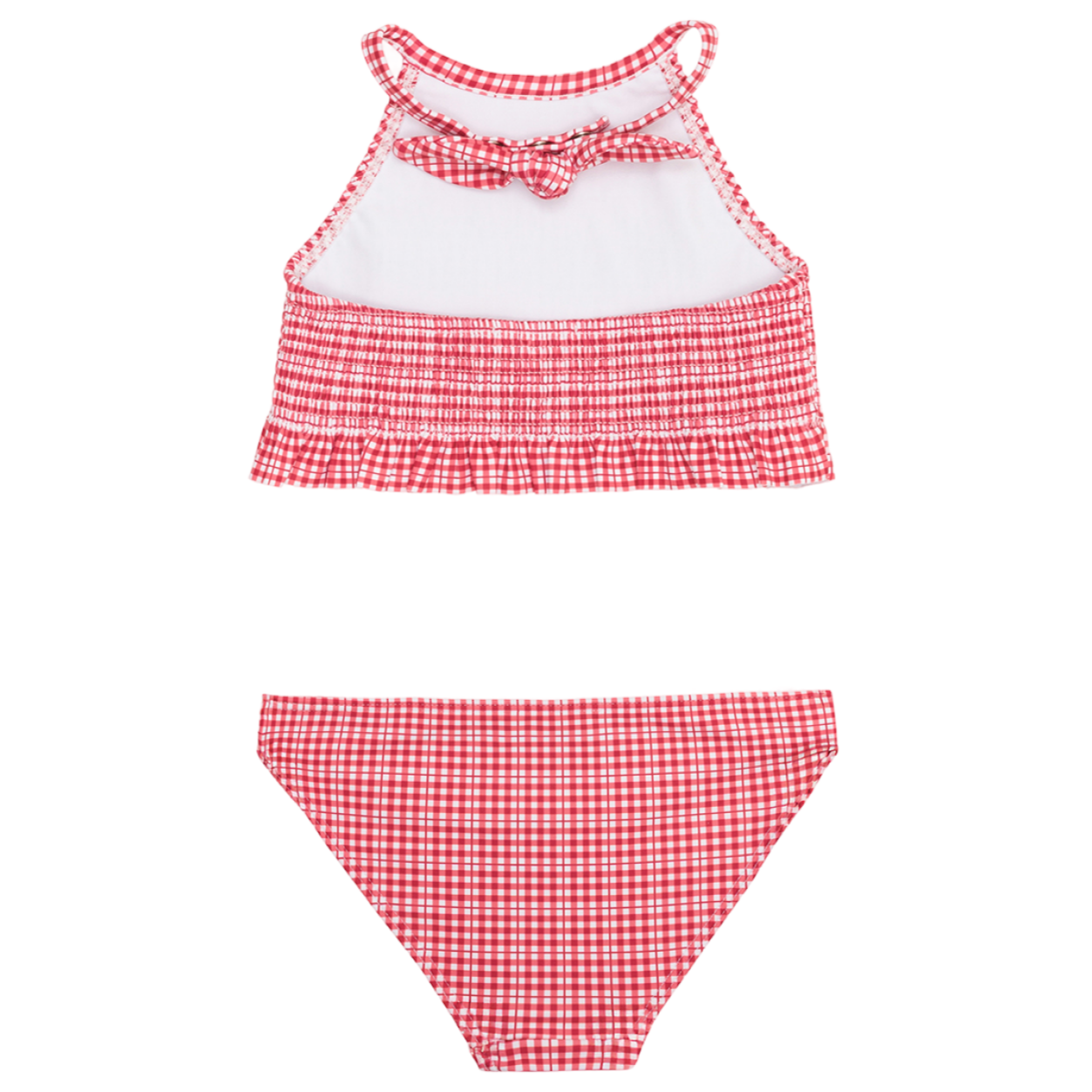 The Minnow Girls' Malibu Poppy Gingham Smocked Halter Bikini features a red and white gingham pattern, a ruffled smocked crop top with a bow, and matching swim bottoms, displayed flat on a white background.