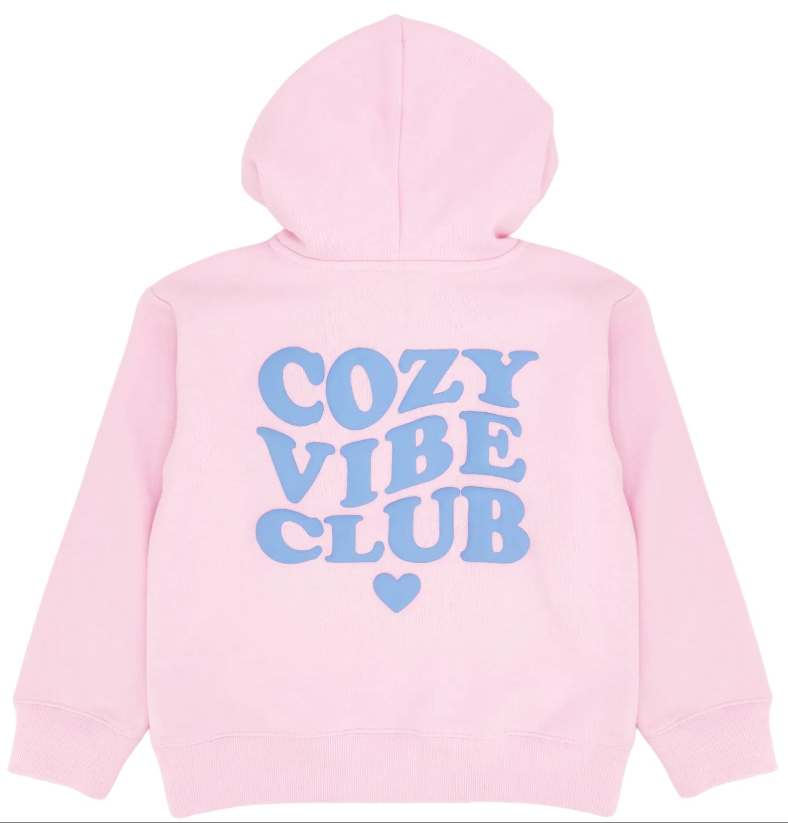 The Girls’ Hadley Cozy Hoodie by Feather 4 Arrow is a pink hooded sweatshirt made from ultra-soft, cozy fabric, featuring “COZY VIBE CLUB” and a heart printed in large blue letters on the back.