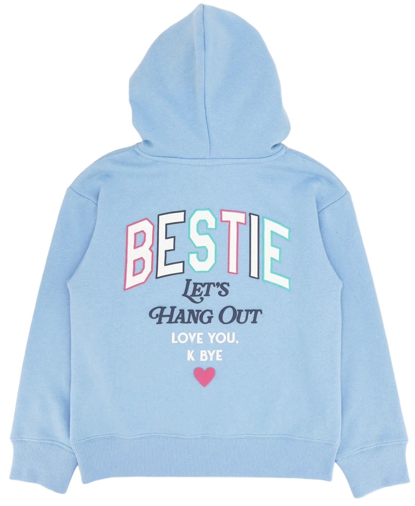 Stay cozy in the Girls’ Hadley Bestie Hoody by Feather 4 Arrow—a light blue, ultra-soft sweatshirt with a hood, featuring “BESTIE Let’s Hang Out, Love You, K Bye” and a small red heart on the back in colorful lettering. Perfect for showing your bestie some love in comfort and style.