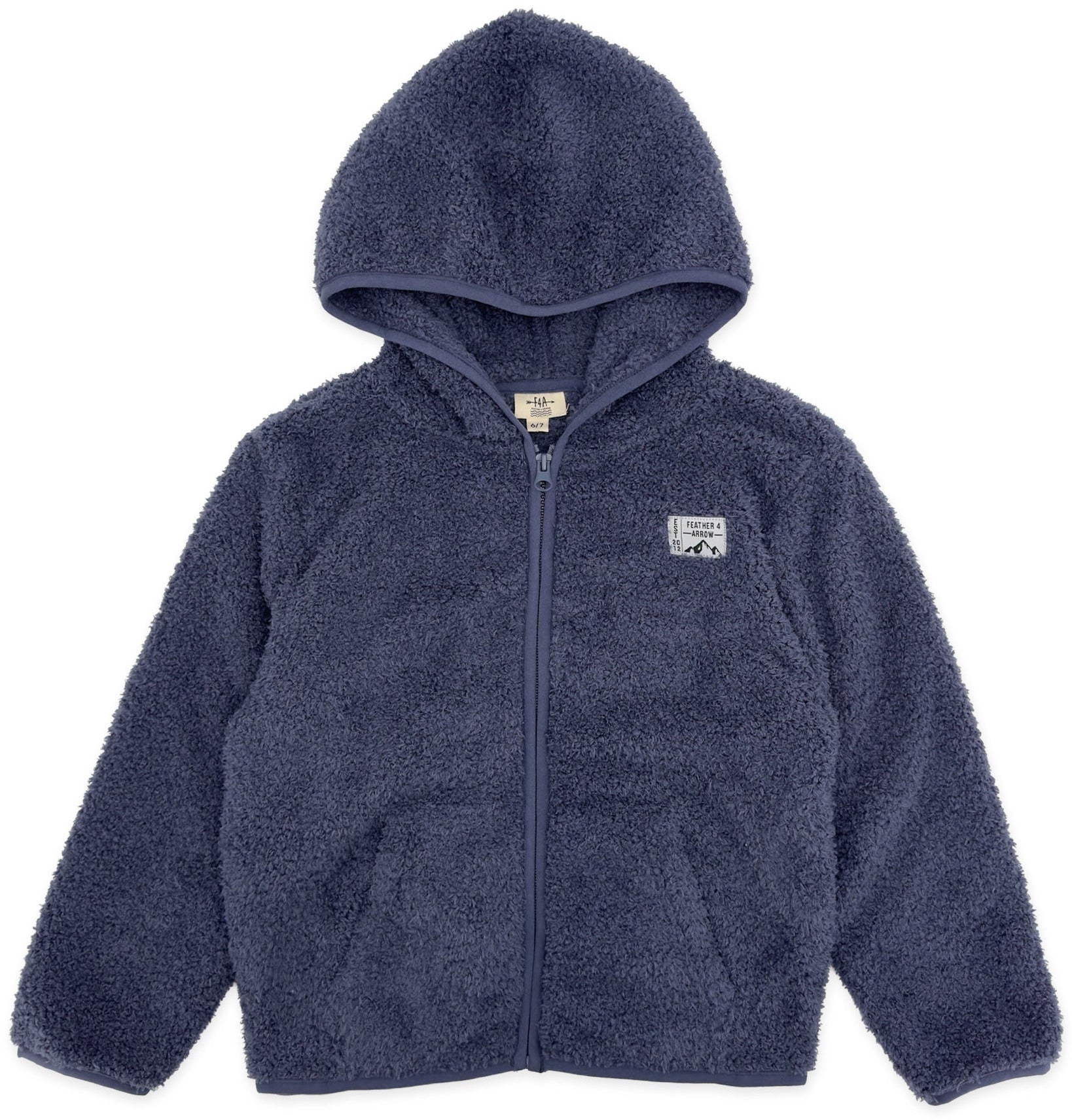 Crafted by Feather 4 Arrow, the Baby Boys’ and Boys’ Rocky Sherpa Jacket is a lightweight navy blue fleece zip-up featuring a hood, two front pockets, and a small chest patch—combining comfort and style for cooler days.