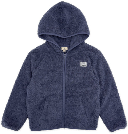 Crafted by Feather 4 Arrow, the Baby Boys’ and Boys’ Rocky Sherpa Jacket is a lightweight navy blue fleece zip-up featuring a hood, two front pockets, and a small chest patch—combining comfort and style for cooler days.