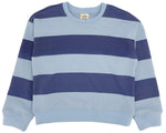 The Feather 4 Arrow Baby Boys’ and Boys’ Ryder Rugby Sweatshirt, featuring rugby-inspired light blue and navy blue stripes with a classic crewneck, ribbed cuffs, hem, and collar, is laid flat on a white background—a timeless wardrobe essential.