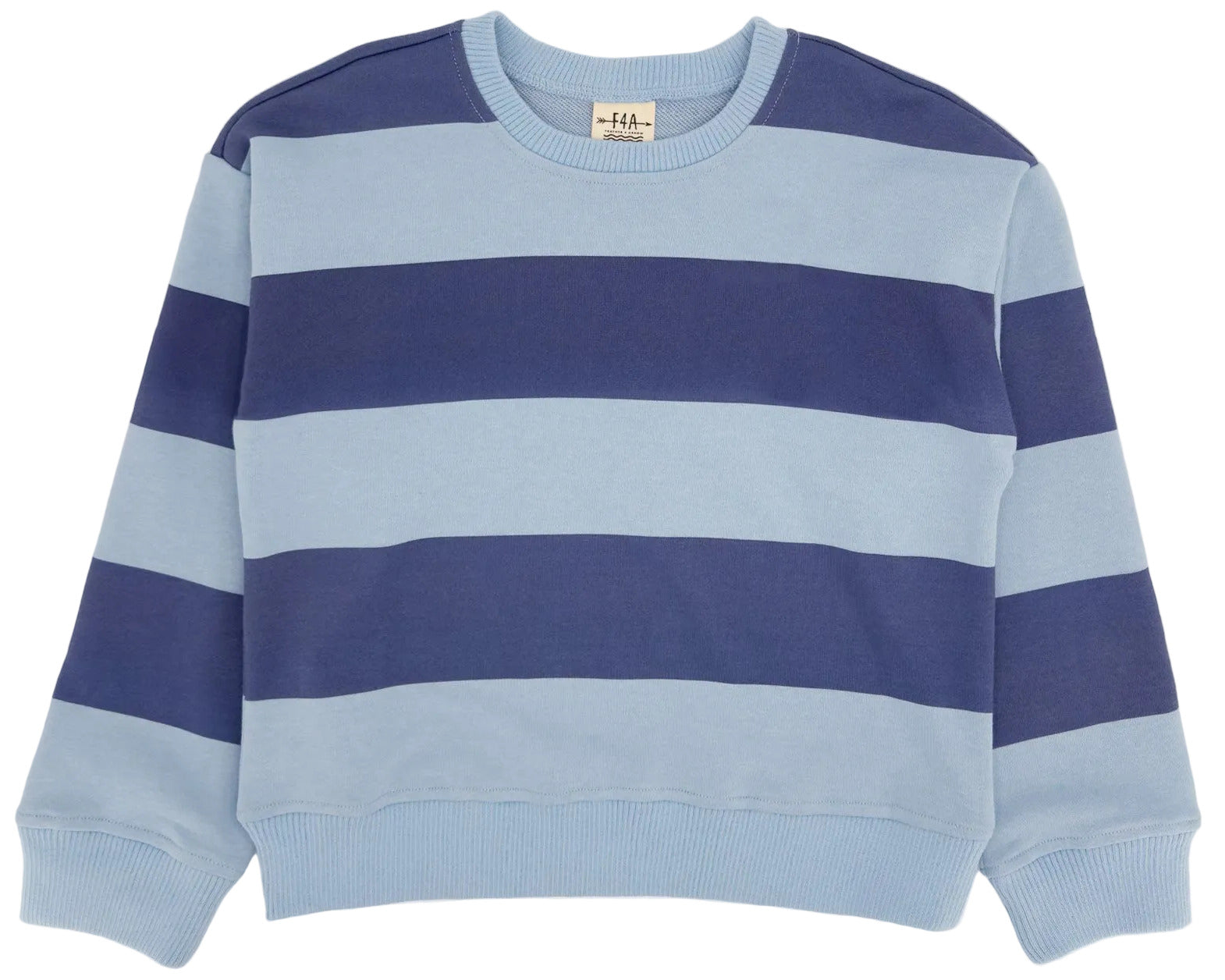 The Feather 4 Arrow Baby Boys’ and Boys’ Ryder Rugby Sweatshirt, featuring rugby-inspired light blue and navy blue stripes with a classic crewneck, ribbed cuffs, hem, and collar, is laid flat on a white background—a timeless wardrobe essential.