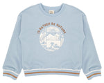 The Feather 4 Arrow Baby Boys’ and Boys’ Ryder Outside Sweatshirt features a light blue design with striped cuffs and hem, a round graphic of mountain and nature imagery, and the text “I’D RATHER BE OUTSIDE” across the chest—perfect for bringing comfort and timeless style to any casual wardrobe.