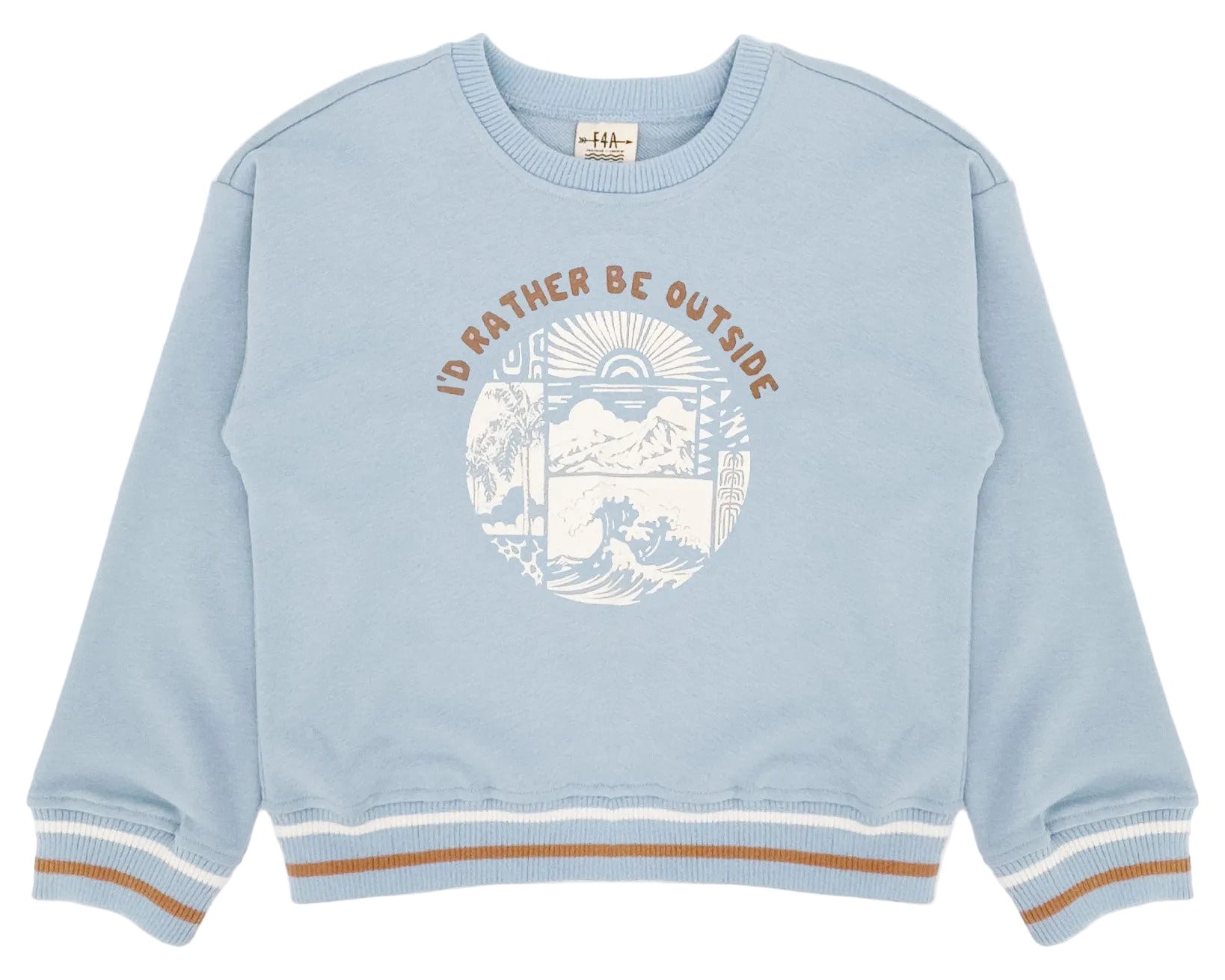 The Feather 4 Arrow Baby Boys’ and Boys’ Ryder Outside Sweatshirt features a light blue design with striped cuffs and hem, a round graphic of mountain and nature imagery, and the text “I’D RATHER BE OUTSIDE” across the chest—perfect for bringing comfort and timeless style to any casual wardrobe.