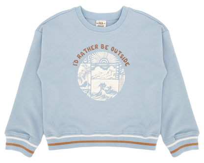 The Feather 4 Arrow Baby Boys’ and Boys’ Ryder Outside Sweatshirt features a light blue design with striped cuffs and hem, a round graphic of mountain and nature imagery, and the text “I’D RATHER BE OUTSIDE” across the chest—perfect for bringing comfort and timeless style to any casual wardrobe.