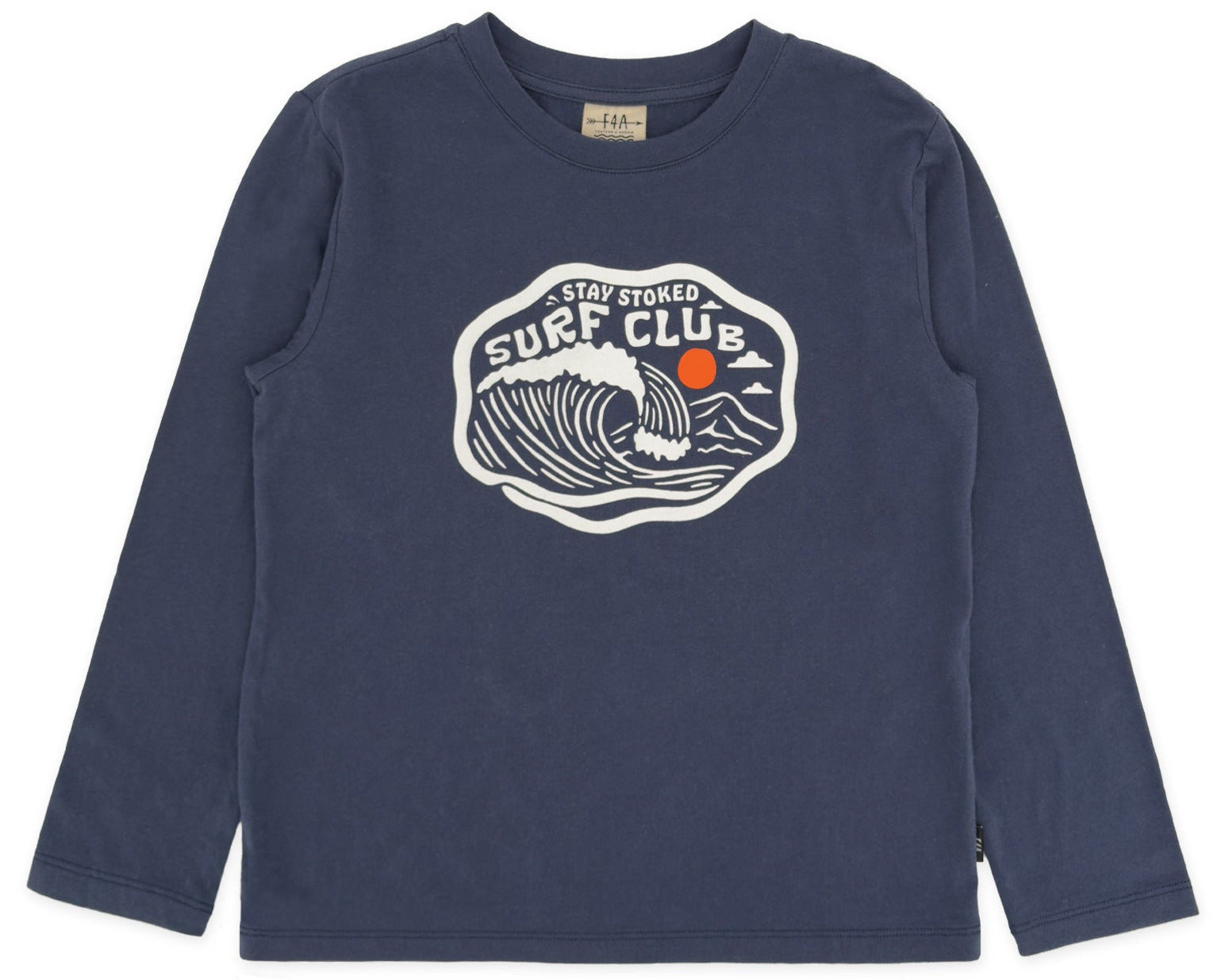 The Feather 4 Arrow Boys’ Surf Club Long Sleeved Tee features a navy design with a surfing-inspired “Stay Stoked Surf Club” graphic, showing a wave and an orange sun on the front—perfect for kids’ everyday wear.