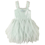 Whimsical and enchanting, the Noralee Girls’ Magique Dress features a sleeveless pale mint green design with a sequin embellished bodice, ruffled straps, delicate shell detail at the chest, and a dreamy layered tulle skirt.