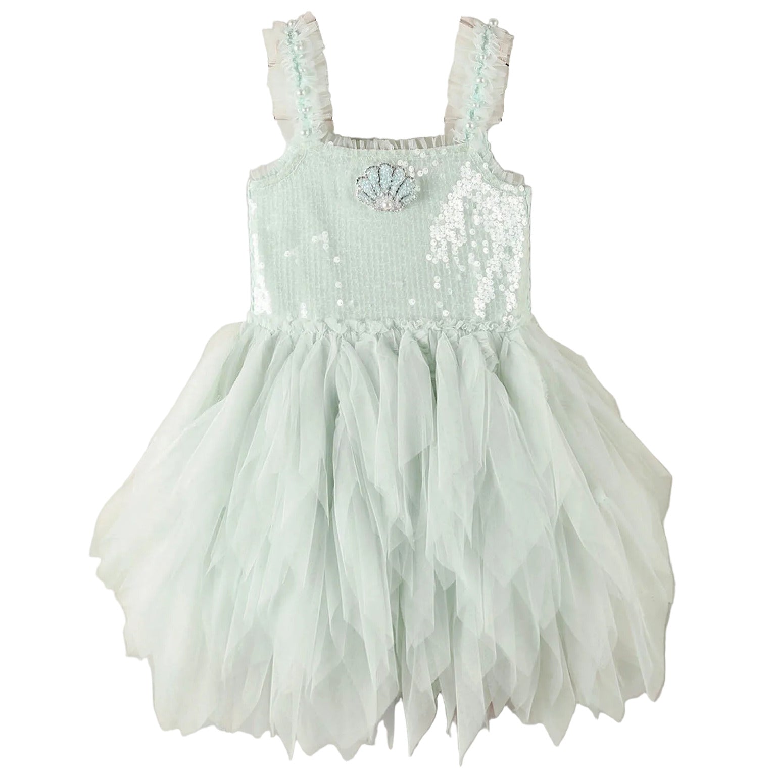 Whimsical and enchanting, the Noralee Girls’ Magique Dress features a sleeveless pale mint green design with a sequin embellished bodice, ruffled straps, delicate shell detail at the chest, and a dreamy layered tulle skirt.