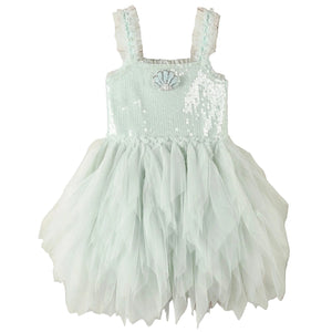 Whimsical and enchanting, the Noralee Girls’ Magique Dress features a sleeveless pale mint green design with a sequin embellished bodice, ruffled straps, delicate shell detail at the chest, and a dreamy layered tulle skirt.