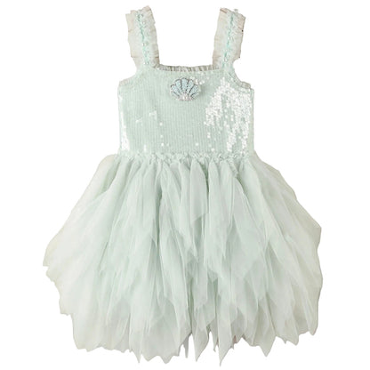 Whimsical and enchanting, the Noralee Girls’ Magique Dress features a sleeveless pale mint green design with a sequin embellished bodice, ruffled straps, delicate shell detail at the chest, and a dreamy layered tulle skirt.