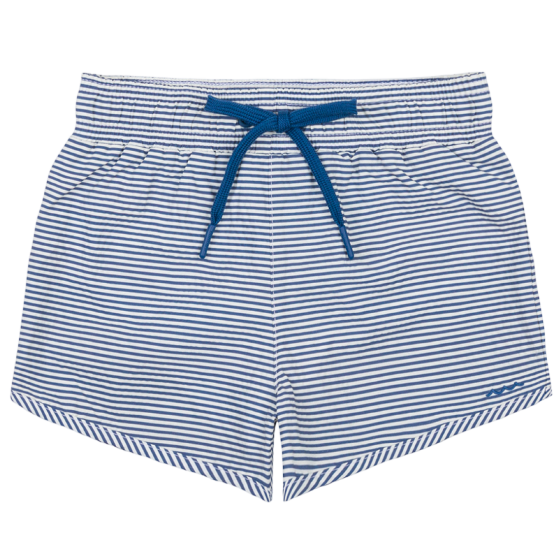 The Minnow Boys' Pacific Stripe Boardie features blue and white stripes, an elastic waistband with a blue drawstring, and a comfortable stretch liner, shown laid flat on a white background.