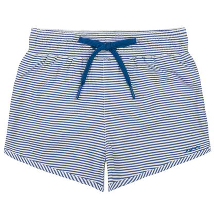 The Minnow Boys' Pacific Stripe Boardie features blue and white stripes, an elastic waistband with a blue drawstring, and a comfortable stretch liner, shown laid flat on a white background.