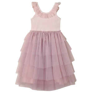 The Girls’ Pixie Dress by Noralee is a sleeveless, light pink dress featuring a luxurious velvet bodice, a ruffled neckline, and a tiered tulle skirt, displayed against a white background.