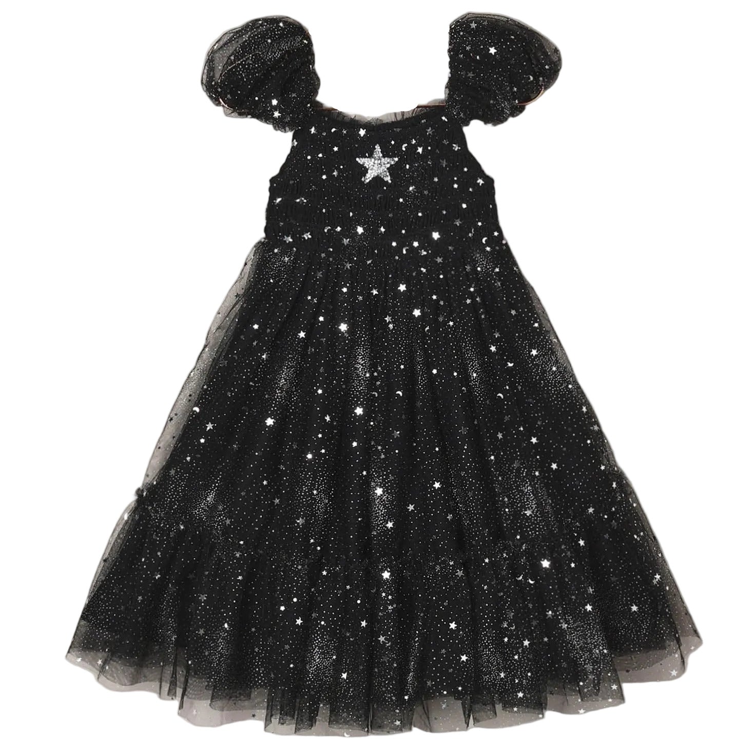 The Noralee Girls’ Clara Dress Silver Stars features a smocked bodice, puffed sleeves, and a tulle skirt embellished with silver star patterns, accented by a large silver star at the chest.