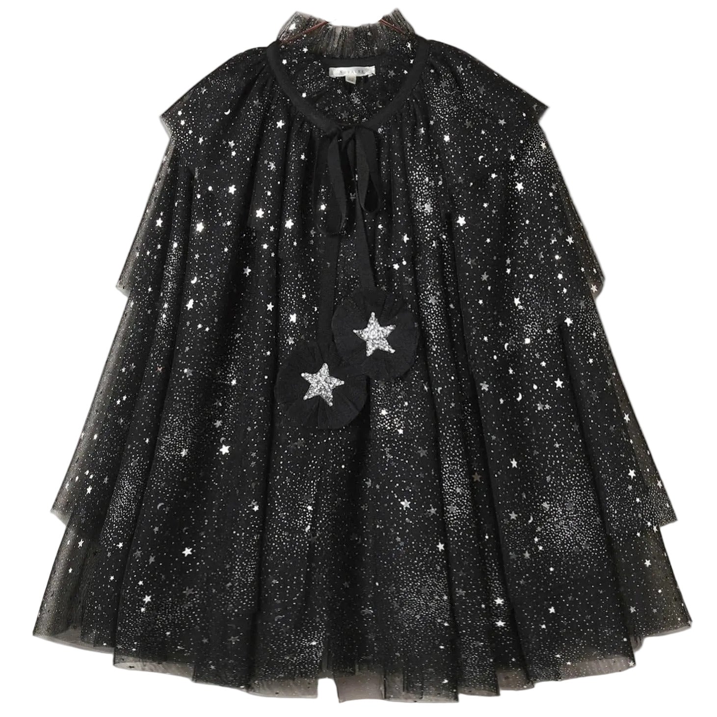 The Noralee Tulle Cape features layered black sheer fabric adorned with silver stars and glitter, a ruffled neckline, and two star-shaped pom-poms suspended from black ribbons—making it perfect for dress-up or any special occasion.