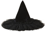 A Noralee Witch Hat in black velvet features a pointed crown and a wide, ruffled brim adorned with glitter and star patterns, set against a white background. This enchanting accessory is ideal for magical dress-up occasions.
