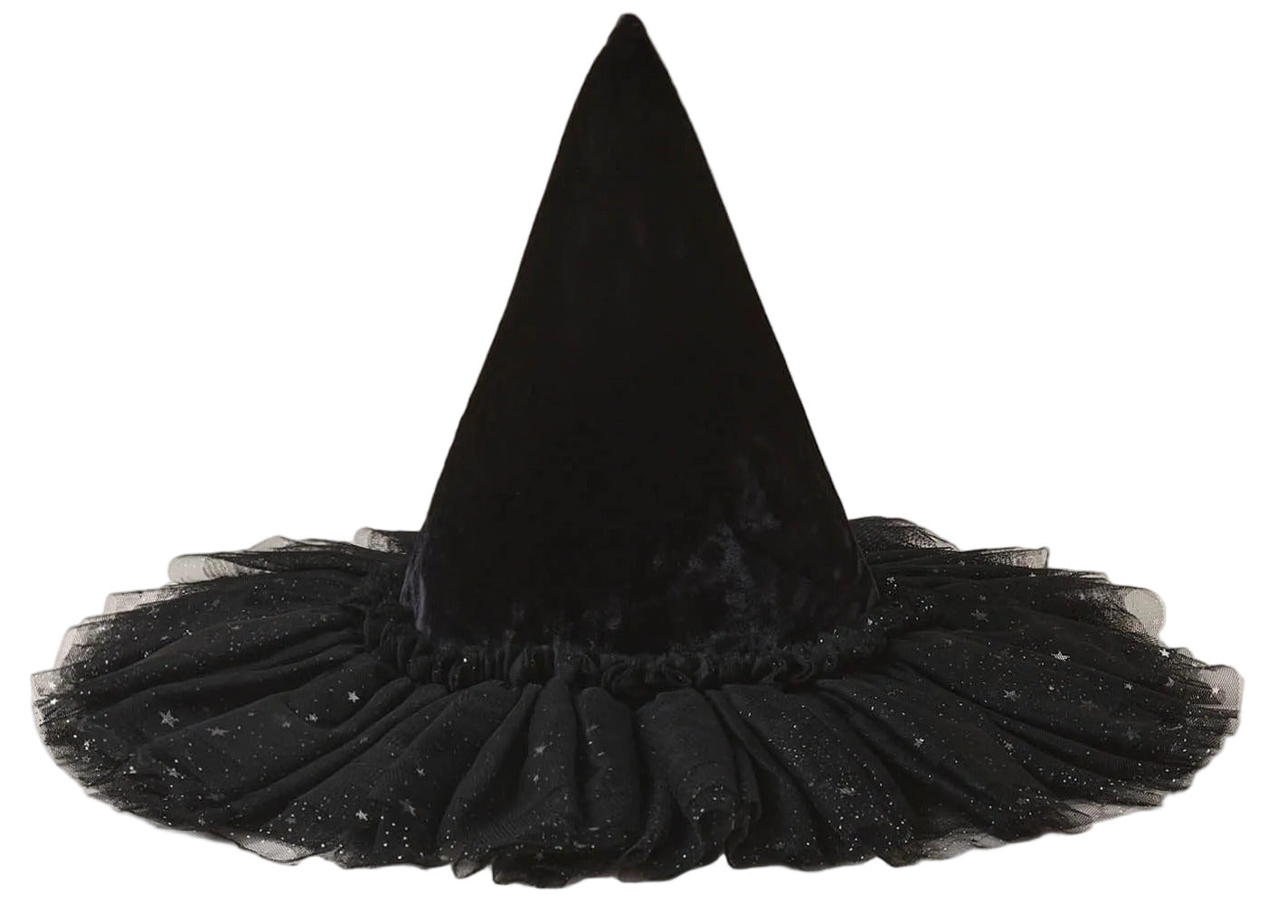 A Noralee Witch Hat in black velvet features a pointed crown and a wide, ruffled brim adorned with glitter and star patterns, set against a white background. This enchanting accessory is ideal for magical dress-up occasions.