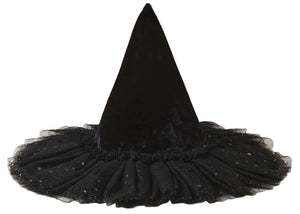 A Noralee Witch Hat in black velvet features a pointed crown and a wide, ruffled brim adorned with glitter and star patterns, set against a white background. This enchanting accessory is ideal for magical dress-up occasions.
