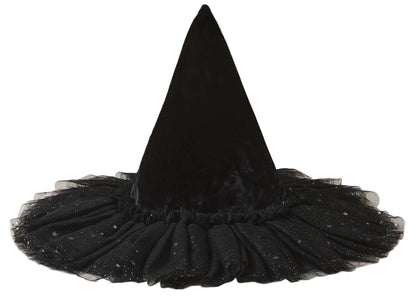 A Noralee Witch Hat in black velvet features a pointed crown and a wide, ruffled brim adorned with glitter and star patterns, set against a white background. This enchanting accessory is ideal for magical dress-up occasions.