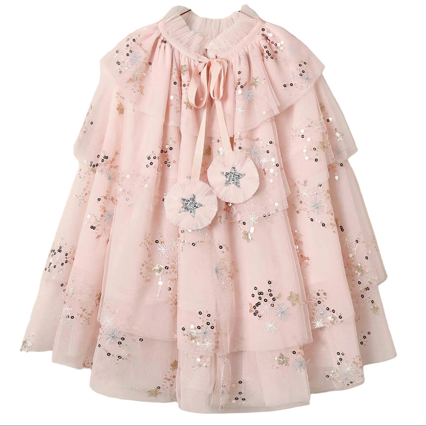 Introducing the Noralee Tulle Cape – a light pink girls’ dress featuring layered tulle cape sleeves, floral sequin embroidery, and two star-embroidered tassels at the collar. A charming choice for any special occasion or dress-up moment.