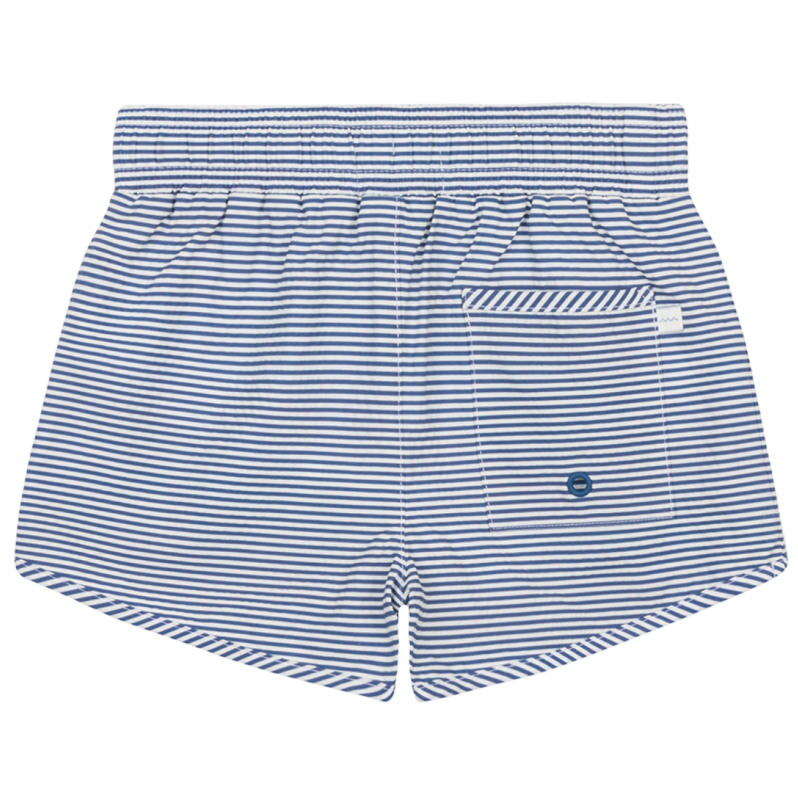 The Minnow Boys' Pacific Stripe Boardie features blue and white stripes, an elastic waistband, stretch liner, and a single back pocket.
