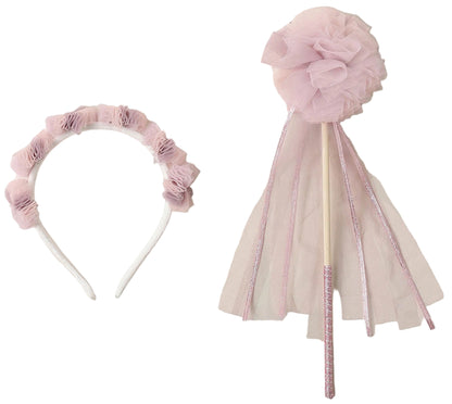 The Noralee Pom Pom Crown + Wand set features a pink fabric crown adorned with ruffles and comes with a matching wand, complete with a tulle pom-pom and flowing ribbon streamers—perfect for dress-up play.