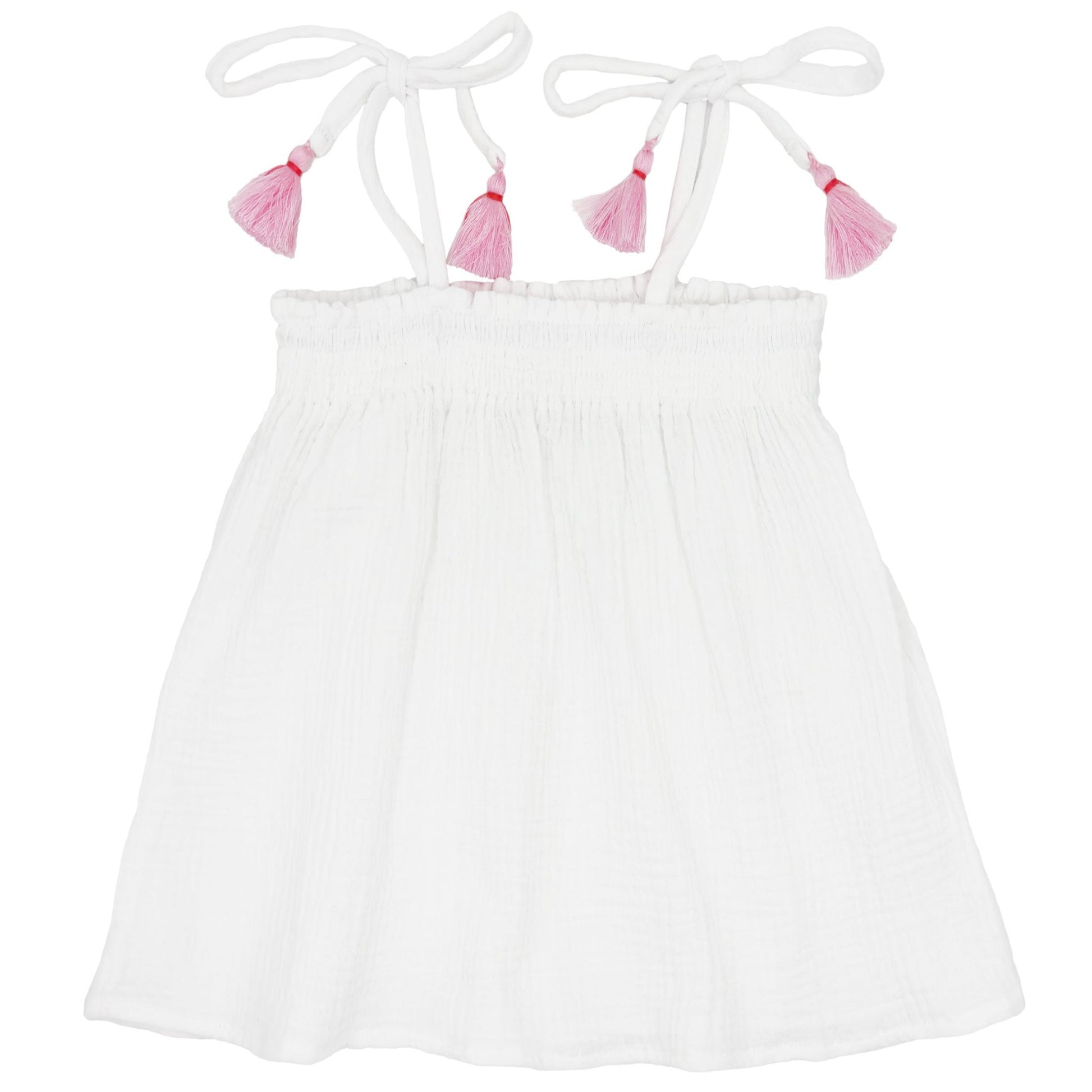 Feather 4 Arrow Swing Cami by Feather 4 Arrow is a white sleeveless top with pink tassels on the straps, perfect as a stylish summer cover-up.