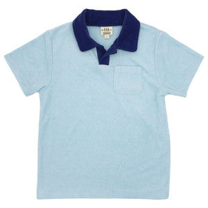 The Feather 4 Arrow Boardwalk Terry Shirt for boys in light blue, featuring a dark blue collar and a chest pocket, is perfect for beach or pool outings.