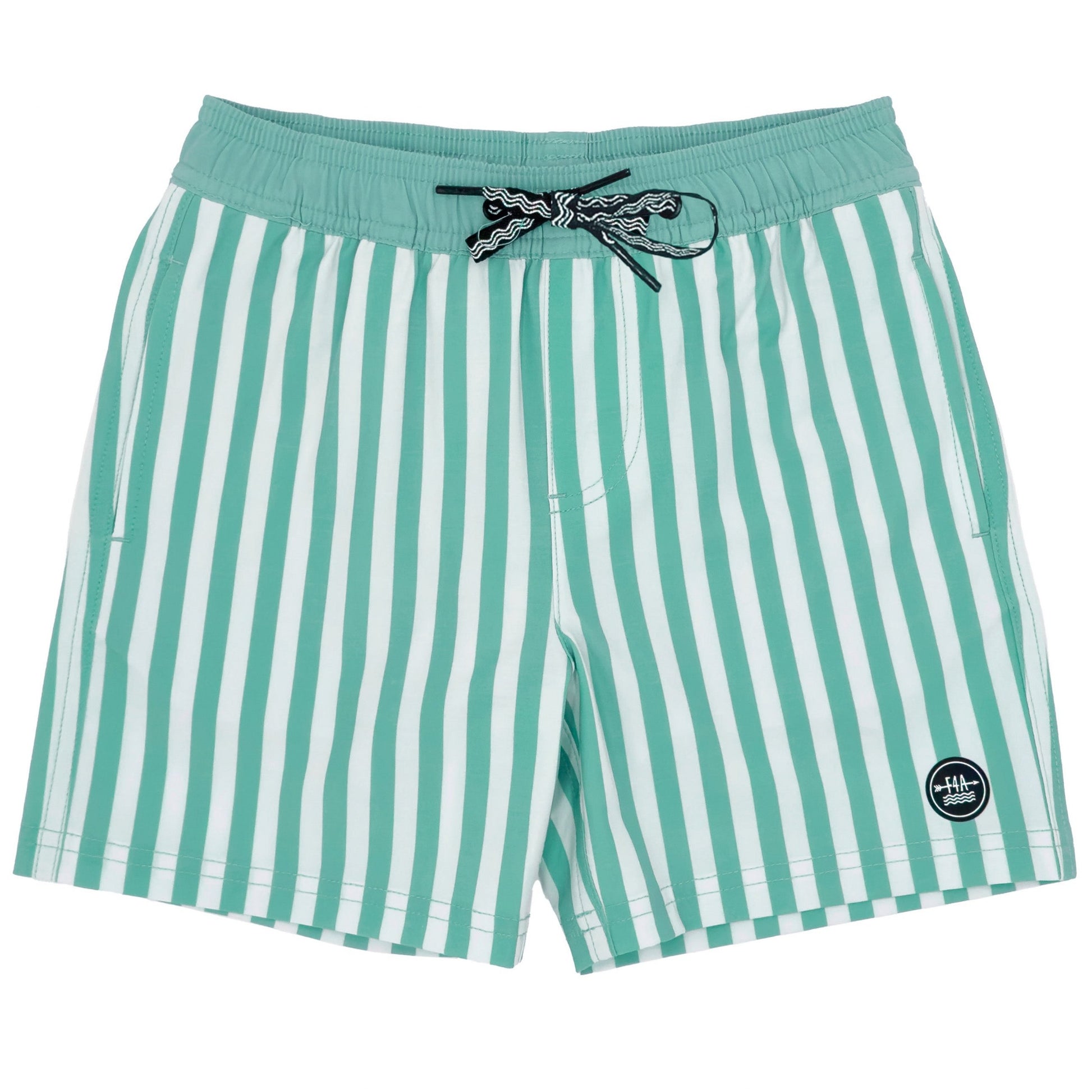 The Feather 4 Arrow Sun Club Volley Trunk features green and white vertical stripes, an elastic waistband, and a drawstring. Made from quick-drying fabric for all-day comfort, these trunks include a small round logo patch on the left leg for a stylish accent.