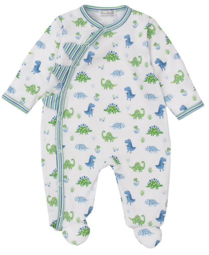 The Kissy Kissy Dino District Printed Footie is an infant onesie made of soft Pima cotton, featuring a charming blue and green dinosaur print, a wrap-around design, striped trim, and cozy footies for added comfort.