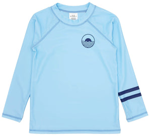 The Feather 4 Arrow Icon LS Rashguard by Feather 4 Arrow features a light blue color with a dark blue wave logo on the chest and two parallel striped lines on the left sleeve. This UPF 50+ rash guard offers sun protection and quick drying for ultimate comfort during your surfing adventures.