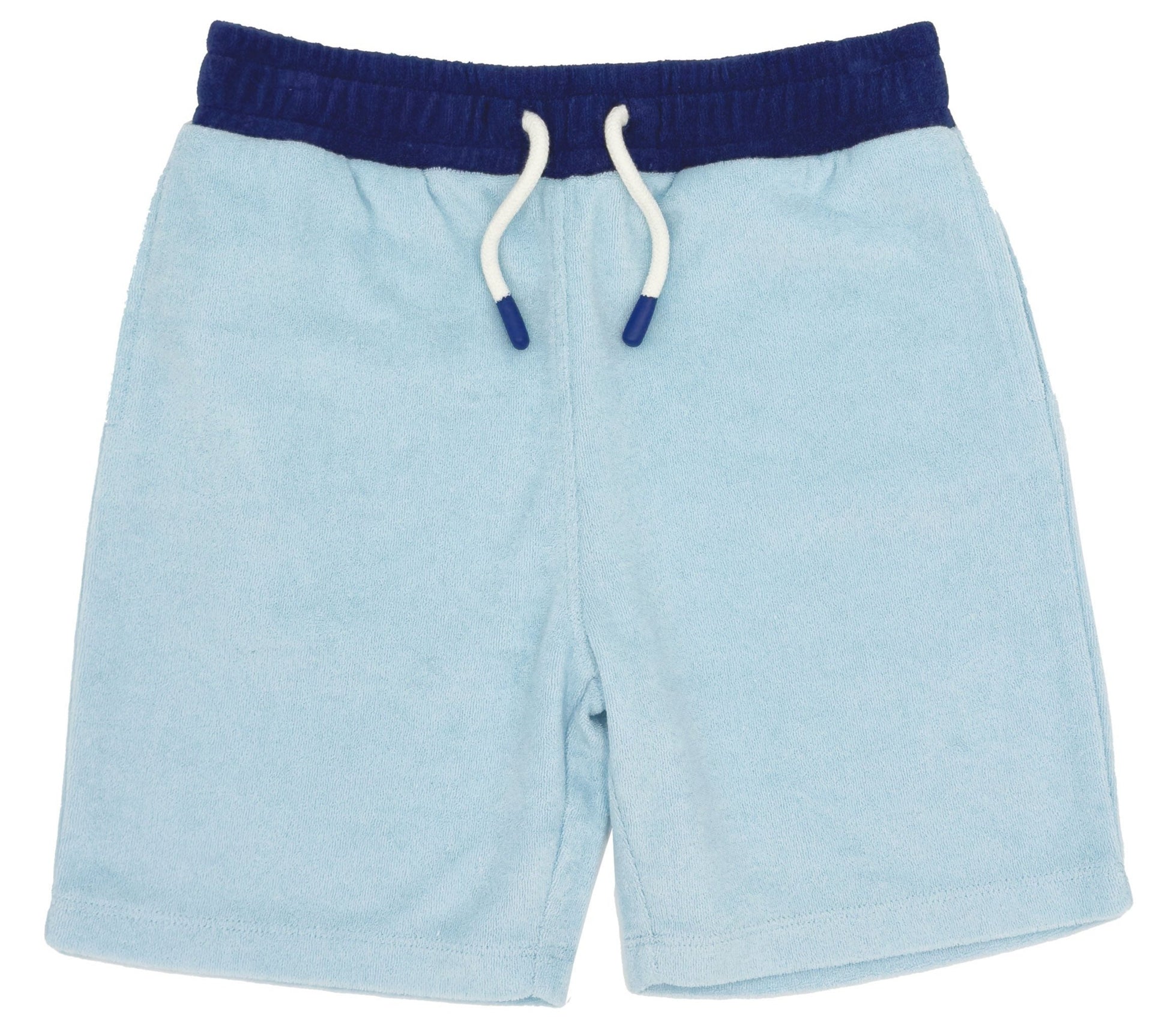 The Feather 4 Arrow Coastal Terry Short, by Feather 4 Arrow, is perfect for a day at the beach. These light blue terry cloth shorts have a dark blue waistband and white drawstring, making them ideal for boy's poolside fun. They're showcased on a white background.