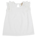 Girls’ sleeveless white dress for a child, inspired by The Beaufort Bonnet Company’s Girls’ Linen Ruehling Ruffle Top, crafted in Worth Avenue White linen and featuring charming ruffled shoulders and a buttoned keyhole opening at the back.