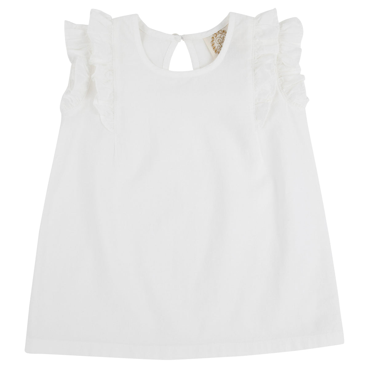 Girls’ sleeveless white dress for a child, inspired by The Beaufort Bonnet Company’s Girls’ Linen Ruehling Ruffle Top, crafted in Worth Avenue White linen and featuring charming ruffled shoulders and a buttoned keyhole opening at the back.