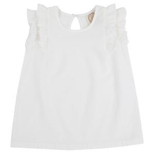 Girls’ sleeveless white dress for a child, inspired by The Beaufort Bonnet Company’s Girls’ Linen Ruehling Ruffle Top, crafted in Worth Avenue White linen and featuring charming ruffled shoulders and a buttoned keyhole opening at the back.