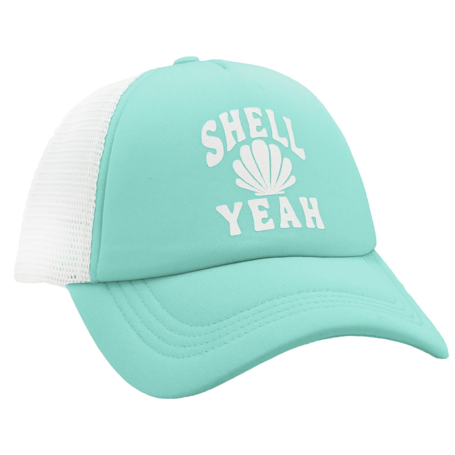 The Feather 4 Arrow Shell Yeah Trucker Hat is a girl's mesh trucker cap in teal and white, adorned with "Shell Yeah" text and a delightful seashell graphic on the front.