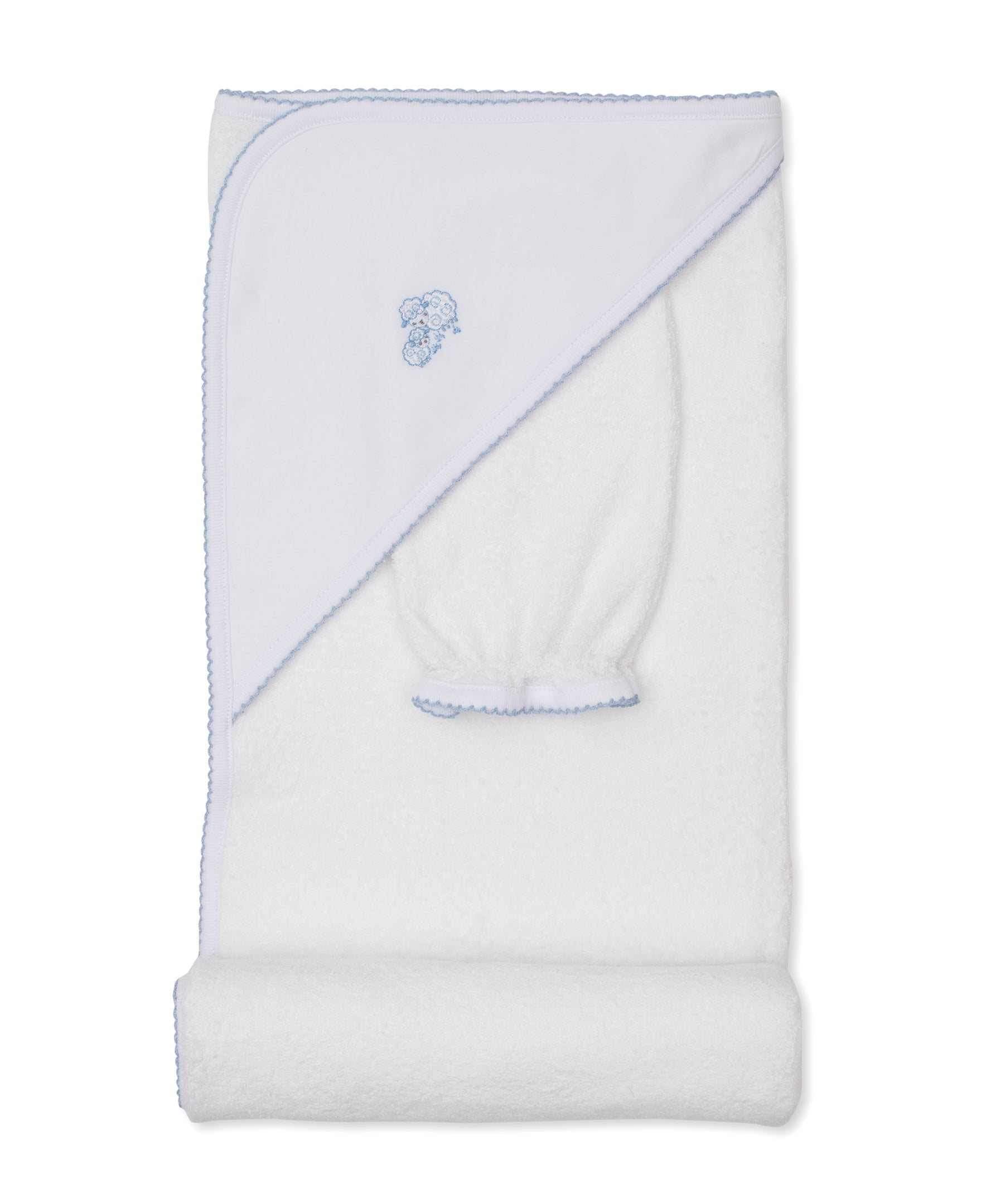 The Kissy Kissy Sweet Sheep Hooded Towel with Mitt is crafted from luxurious Pima cotton and features a white hood adorned with a delicate blue embroidered sheep design and matching trim. The towel is displayed with the hood and coordinating wash mitt visible.