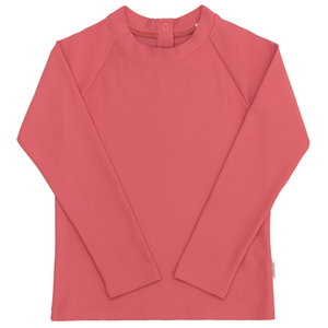 The Minnow Baby and Kids' Unisex Poppy Red Rashguard features sun-safe, long sleeves, a crew neck, and back button closure, shown laid flat to highlight its stylish swim top design.