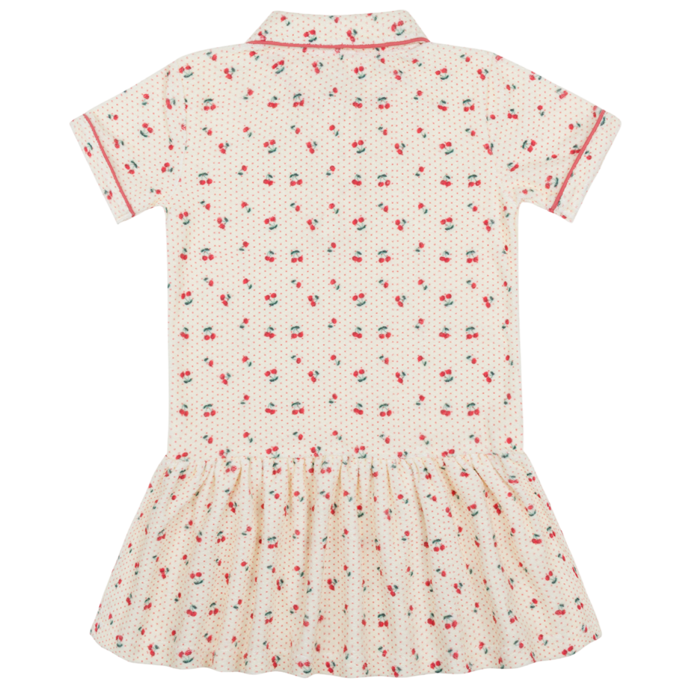 The Minnow Girls' Summer Cherries French Terry Drop Waist Tennis Dress features a cream color, short sleeves, collar, gathered skirt, and a red cherry and green leaf print, shown from the back.