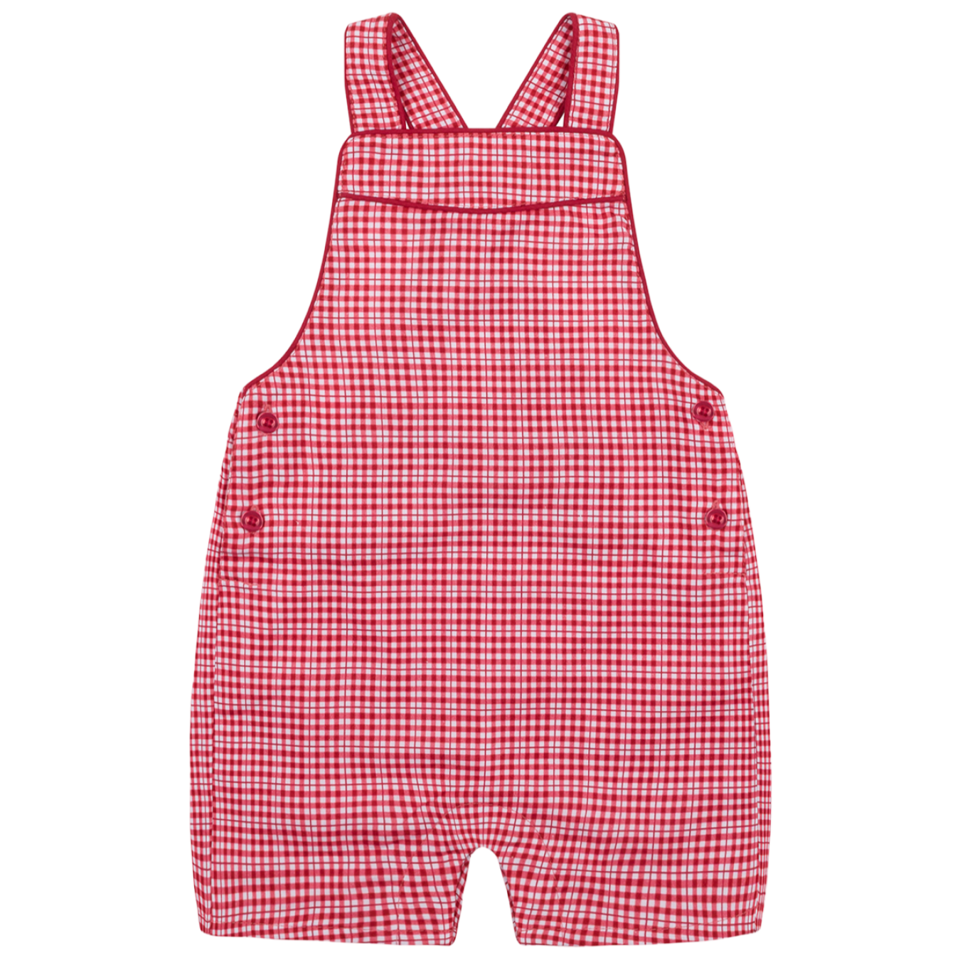 The Minnow Baby' Malibu Poppy Gingham Short Overall features red and white checks, shoulder straps, and side buttons. Shown flat on a white background, this cute piece is perfect for your little one’s summer fun.